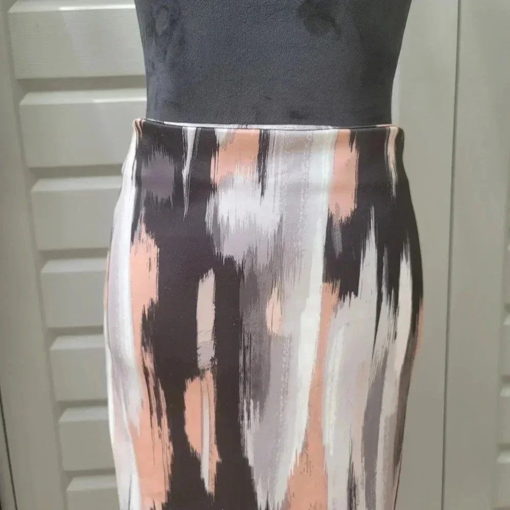 WOMENS geo PRINT PENCIL SKIRT STRETCH WHITE Tan GR